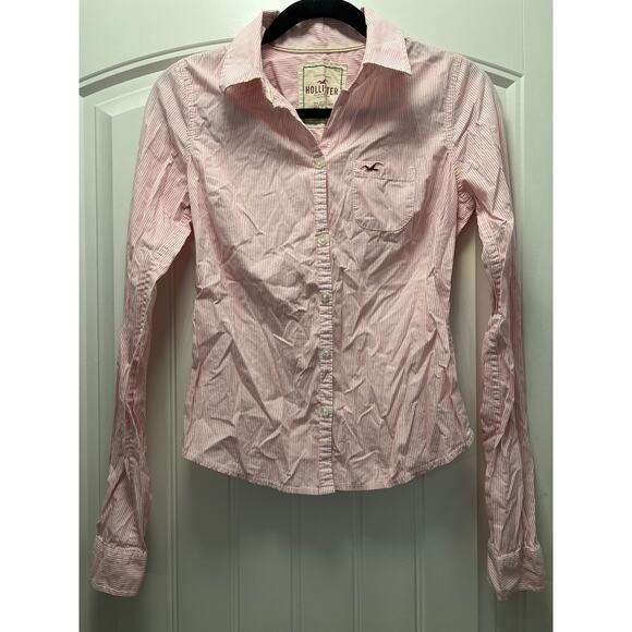Hollister Women’s Long Sleeve Striped Casual Button Down Shirt Size M Pink White - Picture 1 of 4